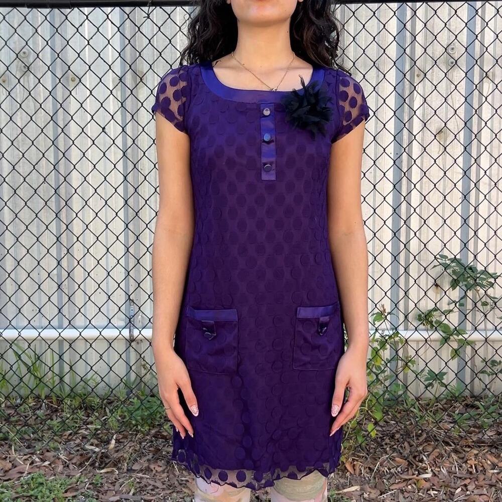 purple polka dot cap sleeve dress with front pockets